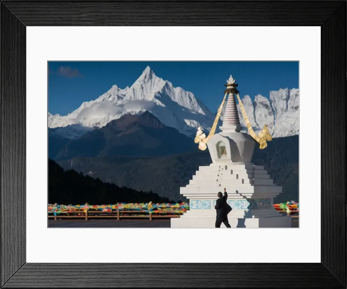 Framed Print : Tibetan stupa and snowy Meili Xue Shan peak