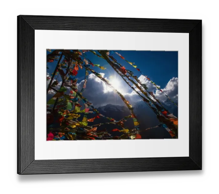 Framed Print : Tibetan prayer flags and snow mountain in China Framed Print : Tibetan prayer flags and snow mountain in China