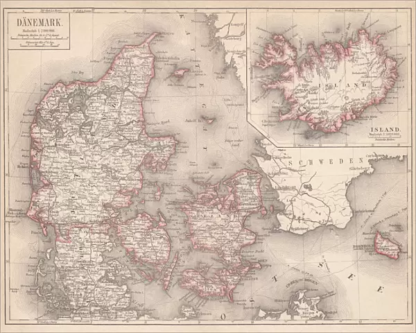 Map of Denmark and Iceland, lithograph, published in 1875