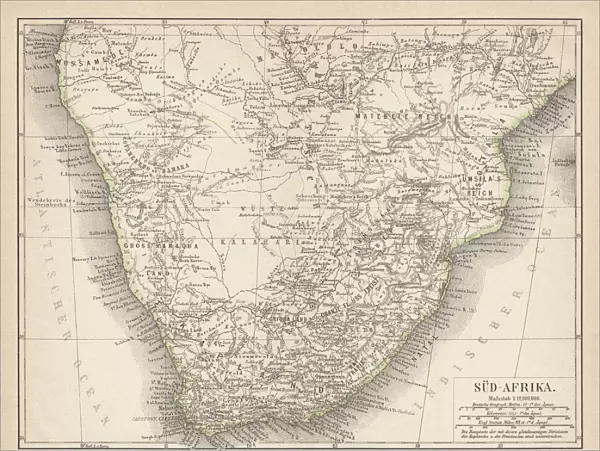 Ancient map of South Africa, lithograph, published in 1876