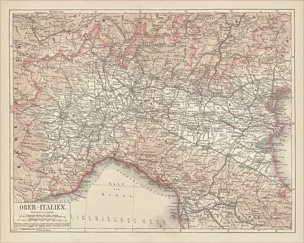 Ancient map of Northern Italy, lithograph, published in 1876