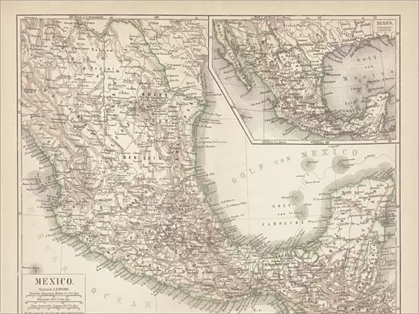 Mexico, ancient map, lithograph, published in 1877