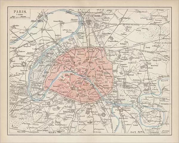 City map of Paris, lithograph, published in 1877