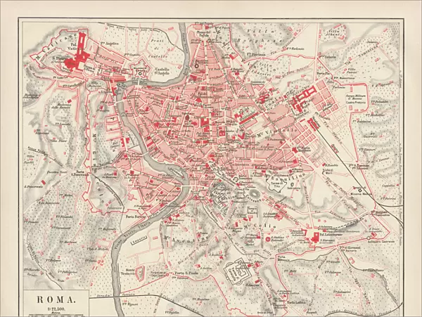 City map of Rome, lithograph, published in 1878