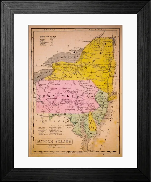 Framed Print : Middle States 1852 Map Framed Print : Middle States 1852 Map