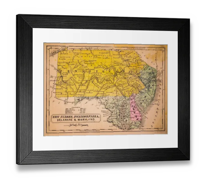 Framed Print : New Jersey, Pennsylvania, Delaware and Maryland 1852 Map