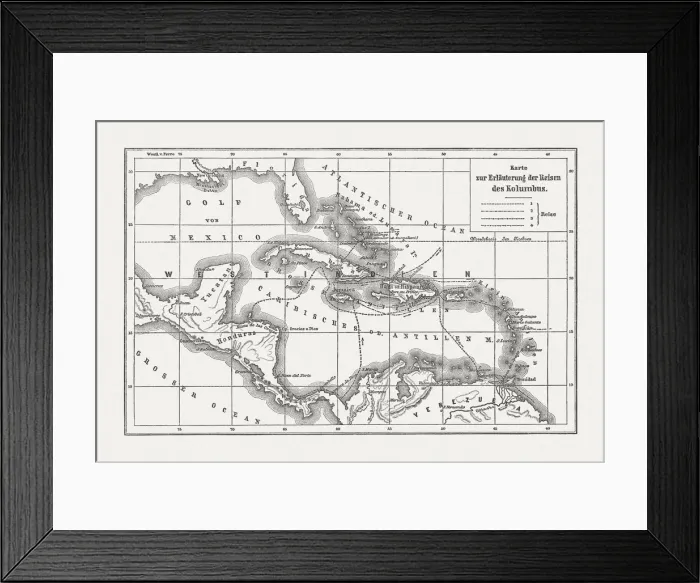 Framed Print : Voyages of Christopher Columbus, wood engraving, published c. 1882 Framed Print : Voyages of Christopher Columbus, wood engraving, published c. 1882