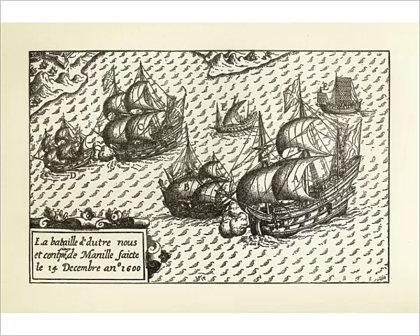 Engraving of Van Noort Landing in Manila Bay, Philippines, 1600