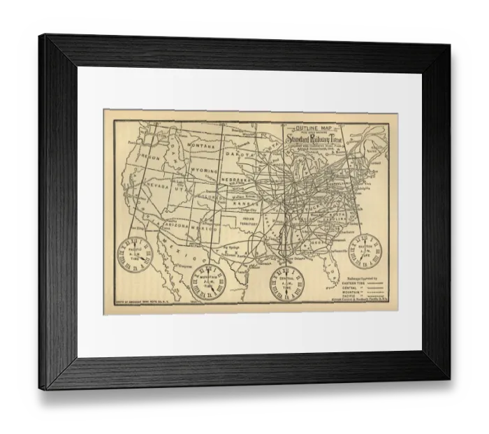 Framed Print : Engraved Chart of United States Time Zones, Circa 1883
