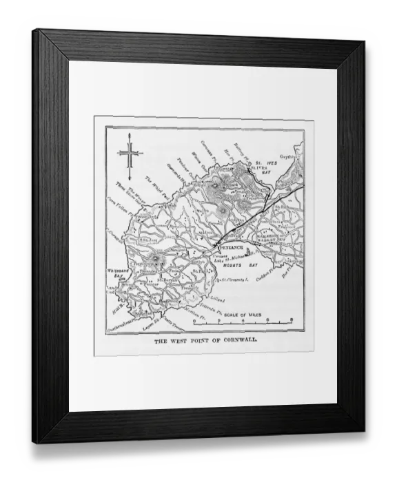 Framed Print : Map of Cornwall and Lands End, England Victorian Engraving, 1840