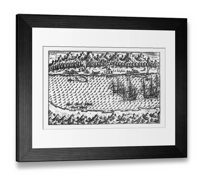 Framed Print : Porto Deseado Historical Map by Van Noort, Circa 1598 Framed Print : Porto Deseado Historical Map by Van Noort, Circa 1598