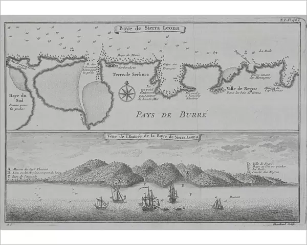 Antique print of map and illustration of coastal Sierra Leone