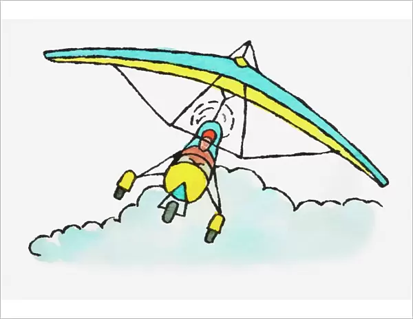 Illustration of person flying microlight above clouds
