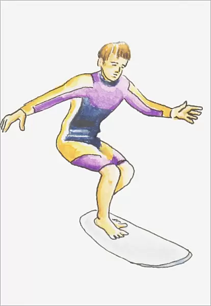 Illustration of teenage boy balancing on surfboard, wearing wetsuit