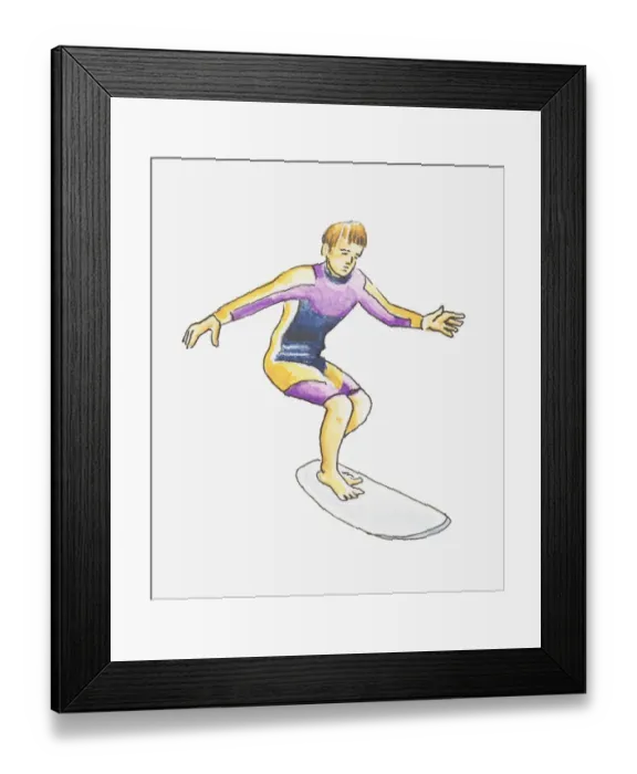 Framed Print : Illustration of teenage boy balancing on surfboard, wearing wetsuit Framed Print : Illustration of teenage boy balancing on surfboard, wearing wetsuit