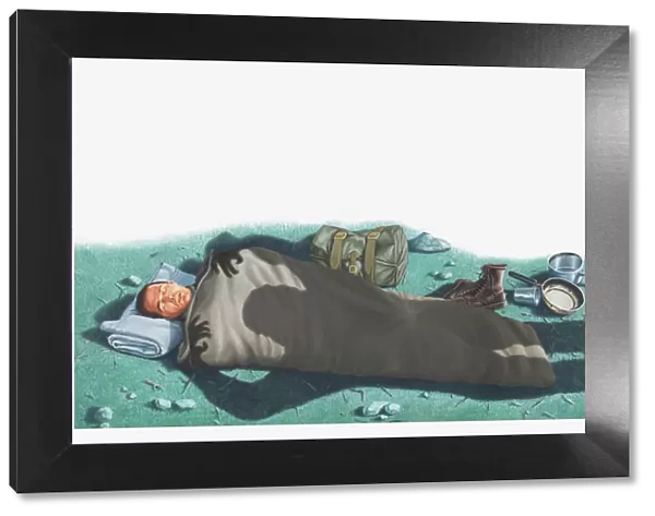 Illustration of shadow of Bigfoot (Sasquatch)looming over a sleeping Albert Ostman