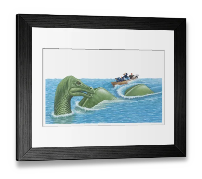 Framed Print : Illustration of of men in small boat as Loch Ness Monster emerges out of the water Framed Print : Illustration of of men in small boat as Loch Ness Monster emerges out of the water