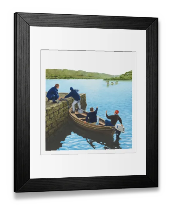 Framed Print : Illustration of men in boat and at waters edge pointing at the Loch Ness Monster Framed Print : Illustration of men in boat and at waters edge pointing at the Loch Ness Monster
