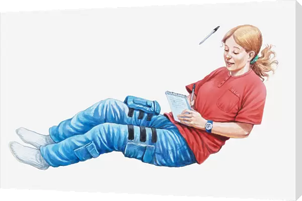 Illustration of female astronaut experiencing zero gravity as she writes in notebook with pen floating by her head