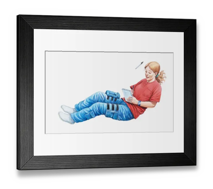 Framed Print : Illustration of female astronaut experiencing zero gravity as she writes in notebook with pen floating by her head