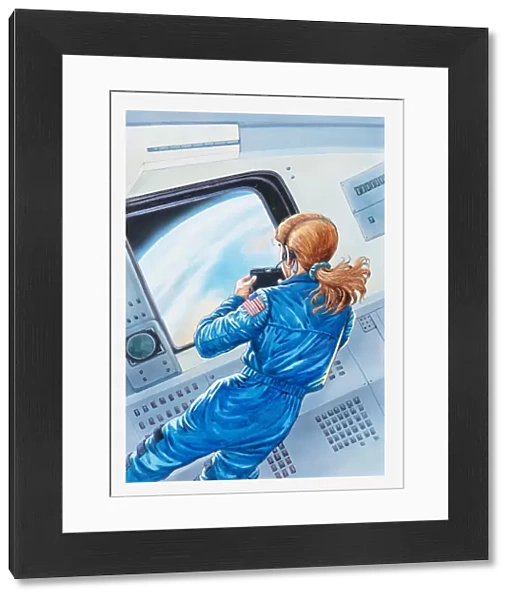 Illustration of female astronaut recording pictures of Planet Earth from window of space craft