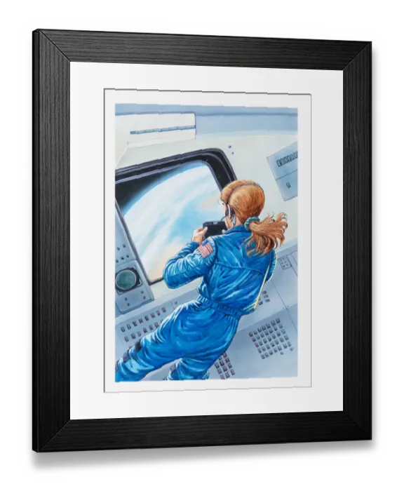 Framed Print : Illustration of female astronaut recording pictures of Planet Earth from window of space craft