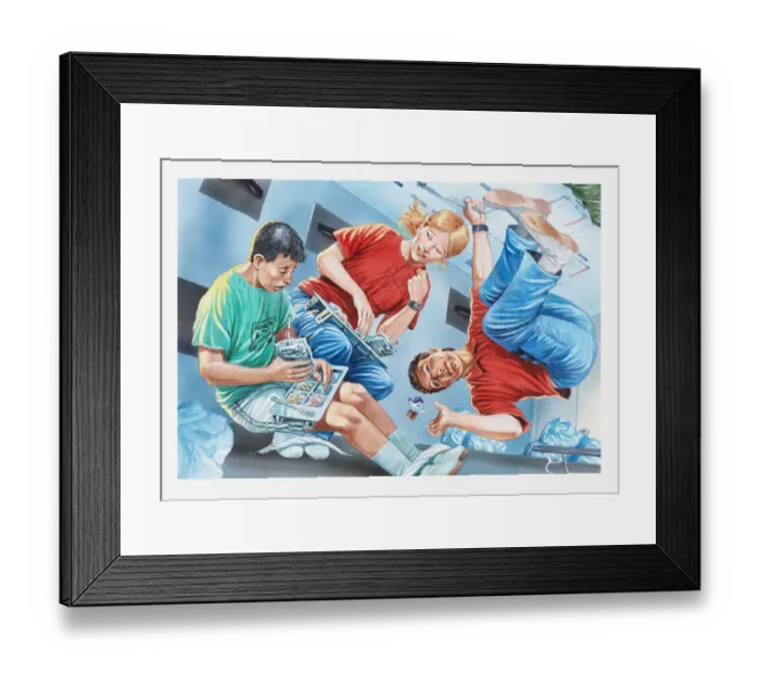 Framed Print : Illustration of astronauts in space eating food Framed Print : Illustration of astronauts in space eating food