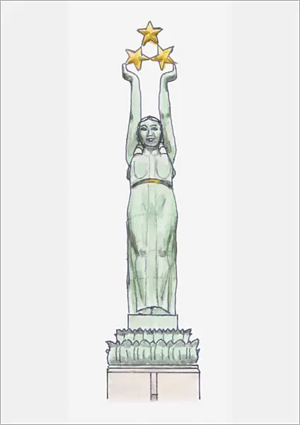 Illustration of copper figure holding three gilded stars atop Freedom Monumentin Riga, Latvia