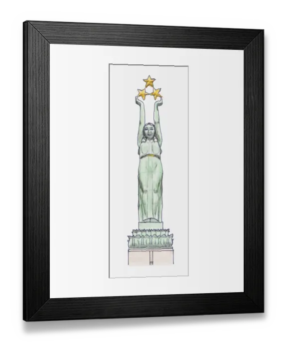 Framed Print : Illustration of copper figure holding three gilded stars atop Freedom Monumentin Riga, Latvia Framed Print : Illustration of copper figure holding three gilded stars atop Freedom Monumentin Riga, Latvia