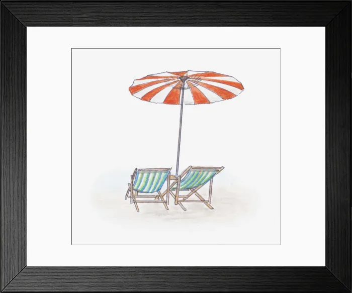 Framed Print : Illustration of beach umbrella providing shade above two deckchairs Framed Print : Illustration of beach umbrella providing shade above two deckchairs