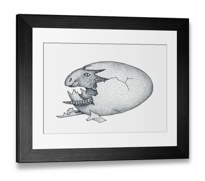 Framed Print : Black and white illustration of young Maiasaura dinosaur emerging from egg Framed Print : Black and white illustration of young Maiasaura dinosaur emerging from egg