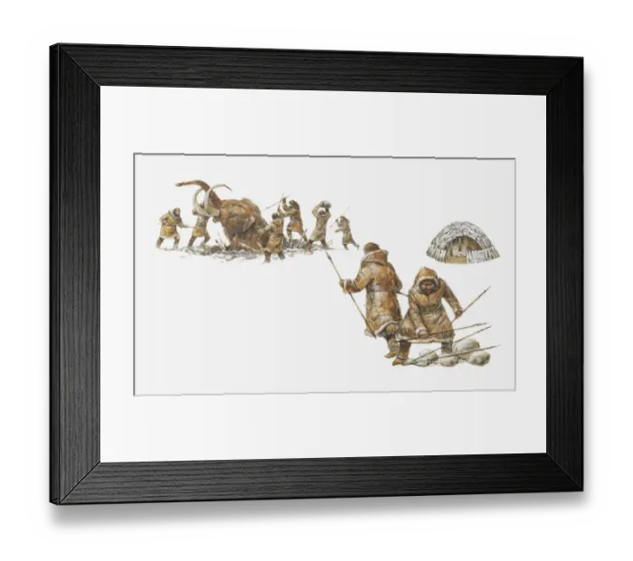 Framed Print : Illustration of Ice Age hunters killing a mammoth Framed Print : Illustration of Ice Age hunters killing a mammoth
