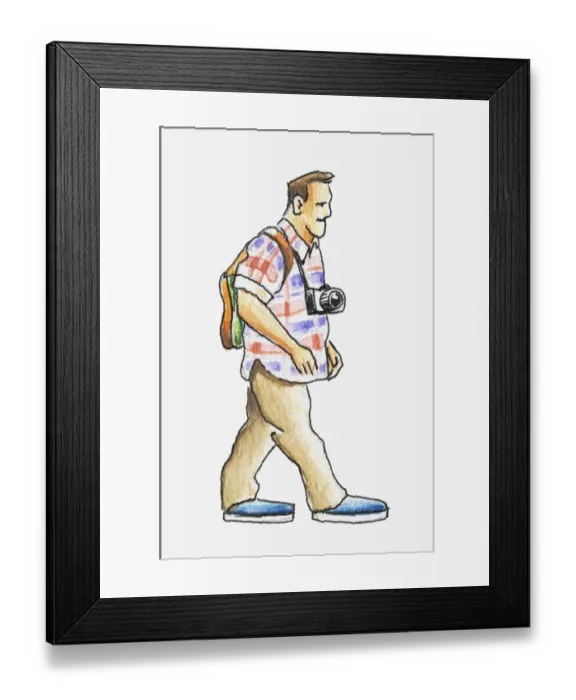 Framed Print : Illustration of a man in casual clothes carrying a camera around his neck Framed Print : Illustration of a man in casual clothes carrying a camera around his neck
