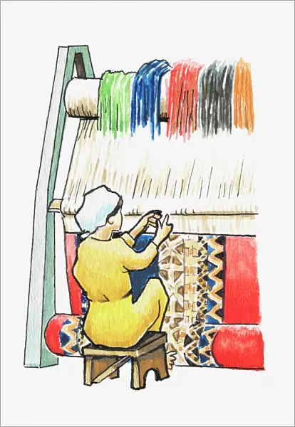 Illustration of a woman weaving a rug on a loom