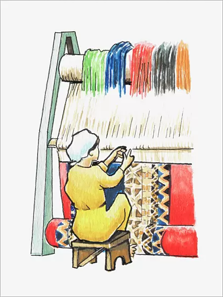 Illustration of a woman weaving a rug on a loom
