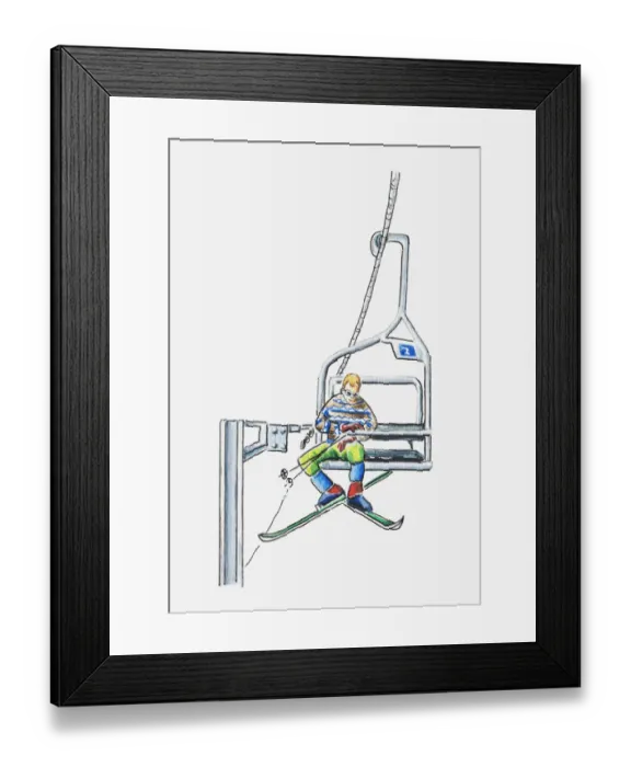 Framed Print : Illustration of skier in an open-air chair lift