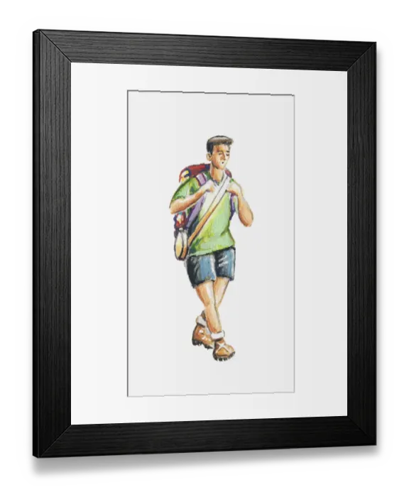 Framed Print : Illustration of young man carrying rucksack and canteen