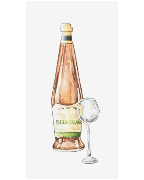 Illustration of bottle of French wine and wine glass