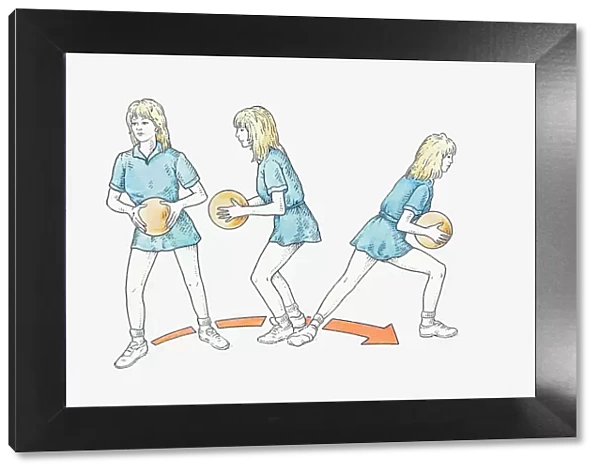 Illustration of netball player keeping one foot on same spot while holding ball and turning