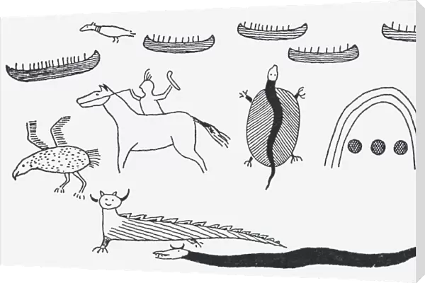 Black and white illustration of North American rock inscriptions