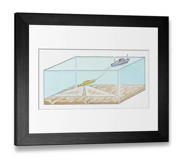 Framed Print : Illustration of sonar system Gloria sending out sound pulses across sea bed, picking up echoes bouncing back from features on the sea bed and communicating them to on-board computers