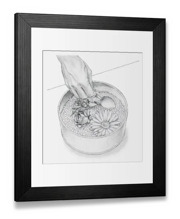 Framed Print : Black and white illustration of hand using spoon to cover flower heads with silica gel crystals (drying flowers using desiccant) Framed Print : Black and white illustration of hand using spoon to cover flower heads with silica gel crystals (drying flowers using desiccant)