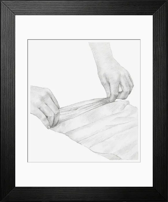 Framed Print : Black and white illustration of hands pleating a strip of tissue paper, to wrap a dried onion seed head in (storing dried flowers) Framed Print : Black and white illustration of hands pleating a strip of tissue paper, to wrap a dried onion seed head in (storing dried flowers)