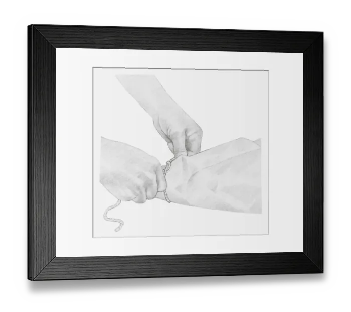 Framed Print : Black and white illustration of hands tying up a piece of string around dried hydrangea flower wrapped in tissue paper (storing dried flowers) Framed Print : Black and white illustration of hands tying up a piece of string around dried hydrangea flower wrapped in tissue paper (storing dried flowers)