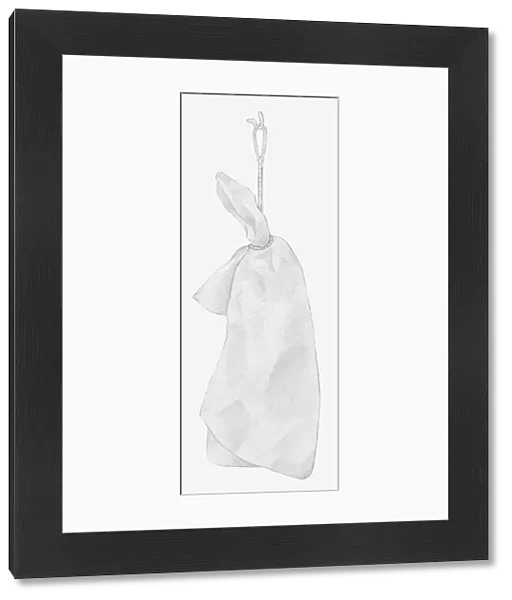 Black and white illustration of dried hydrangea flower hung up to dry, wrapped individually in tissue paper (storing dried flowers)