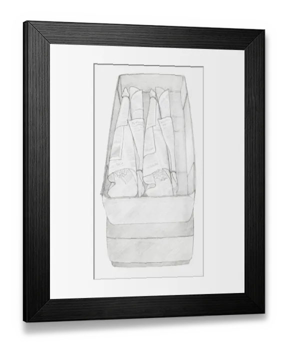 Framed Print : Black and white illustration of bunches of dried flowers wrapped up in newspaper and packed in a box, top to tail (storing dried flowers)
