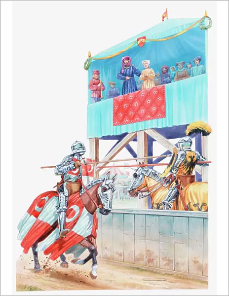 Illustration of two knights competing in a medieval jousting tournament