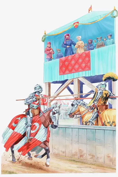 Illustration of two knights competing in a medieval jousting tournament