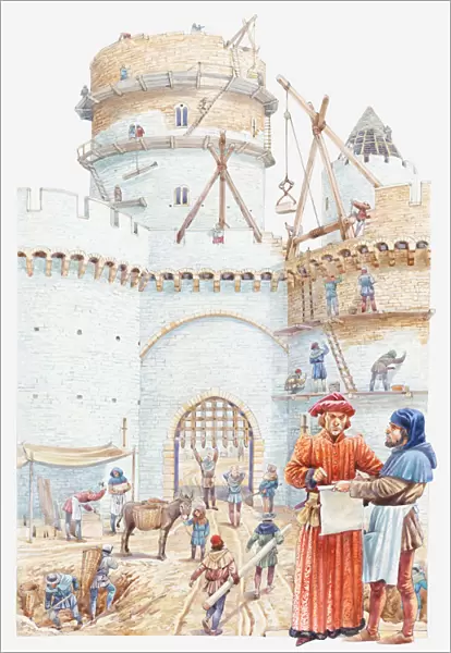 Illustration of a medieval castle being built