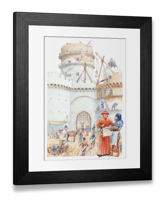 Framed Print : Illustration of a medieval castle being built Framed Print : Illustration of a medieval castle being built